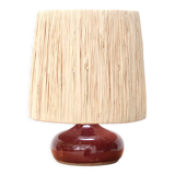 Pink ceramic lamp, raffia lampshade, 70s