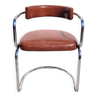 Chrome and faux cognac armchair 1970