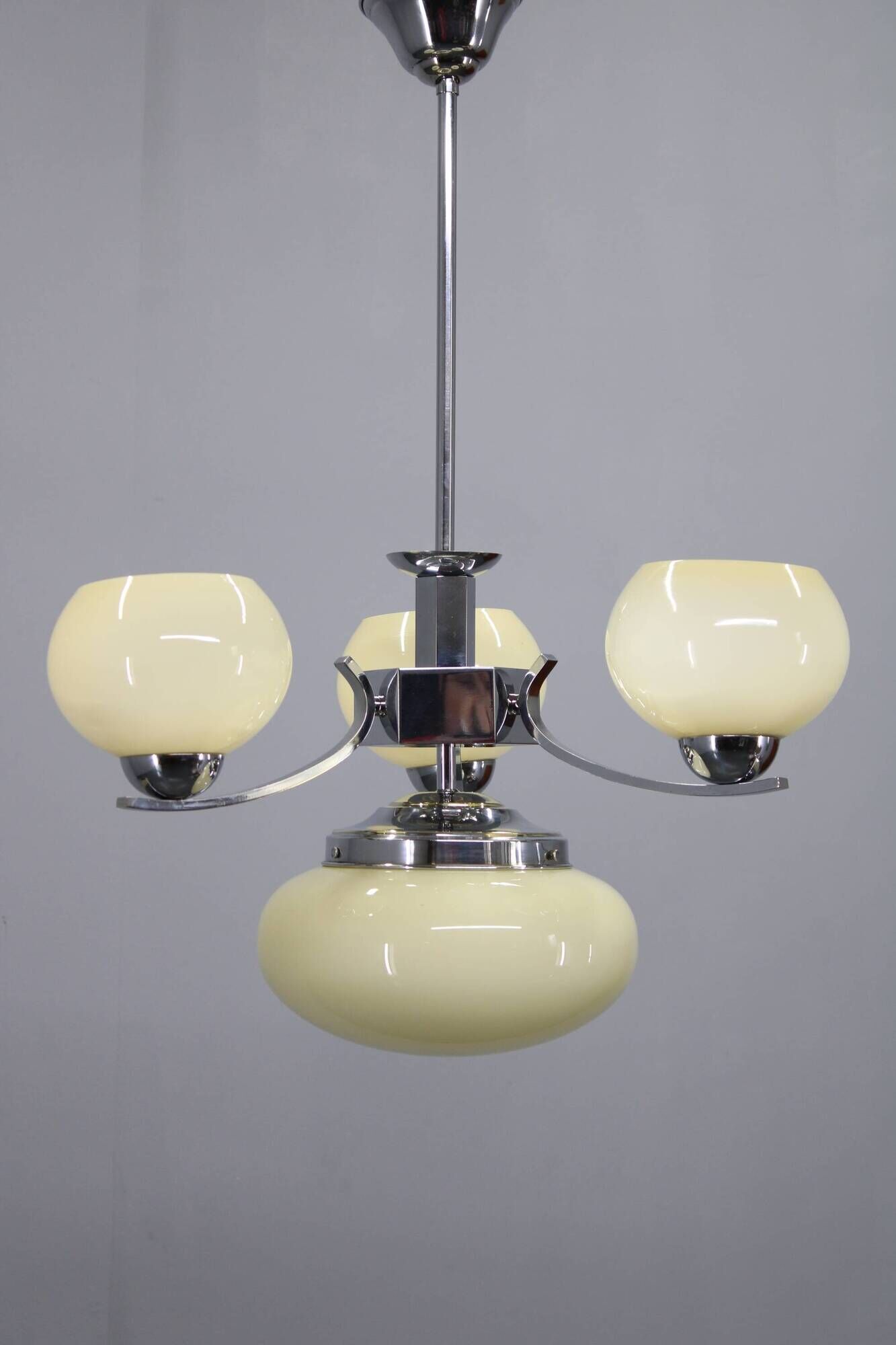 Art Deco chandelier, chrome and champagne glass, Czechoslovakia, 1930s