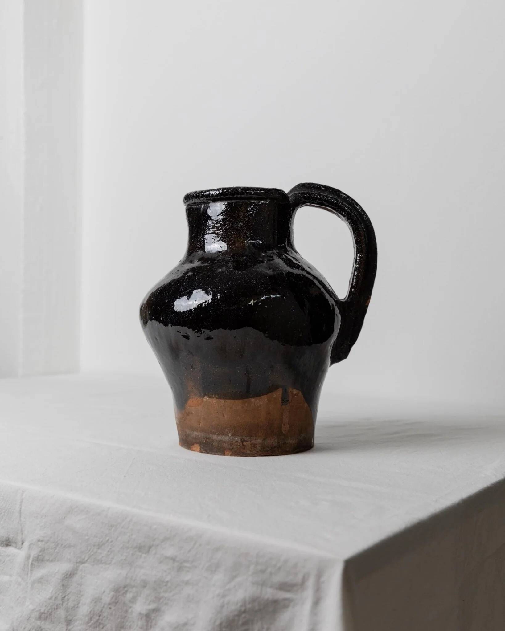 Rustic Terracotta Jug with Black Glaze from Lucca, Italy - 19th Century Country House Decor