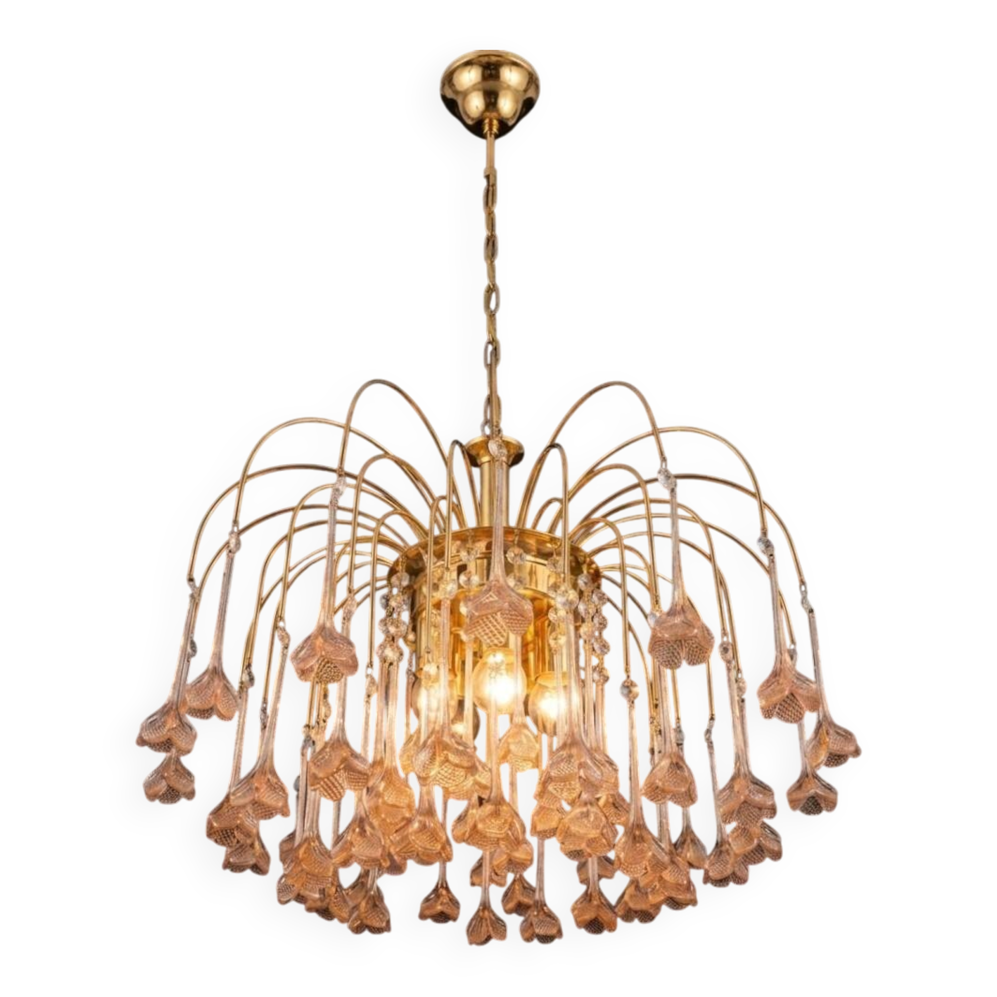 Vintage chandelier rain gold with handmade Murano glass pink flowers.