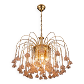 Vintage chandelier rain gold with handmade Murano glass pink flowers.
