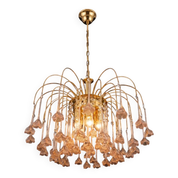 Vintage chandelier rain gold with handmade Murano glass pink flowers.