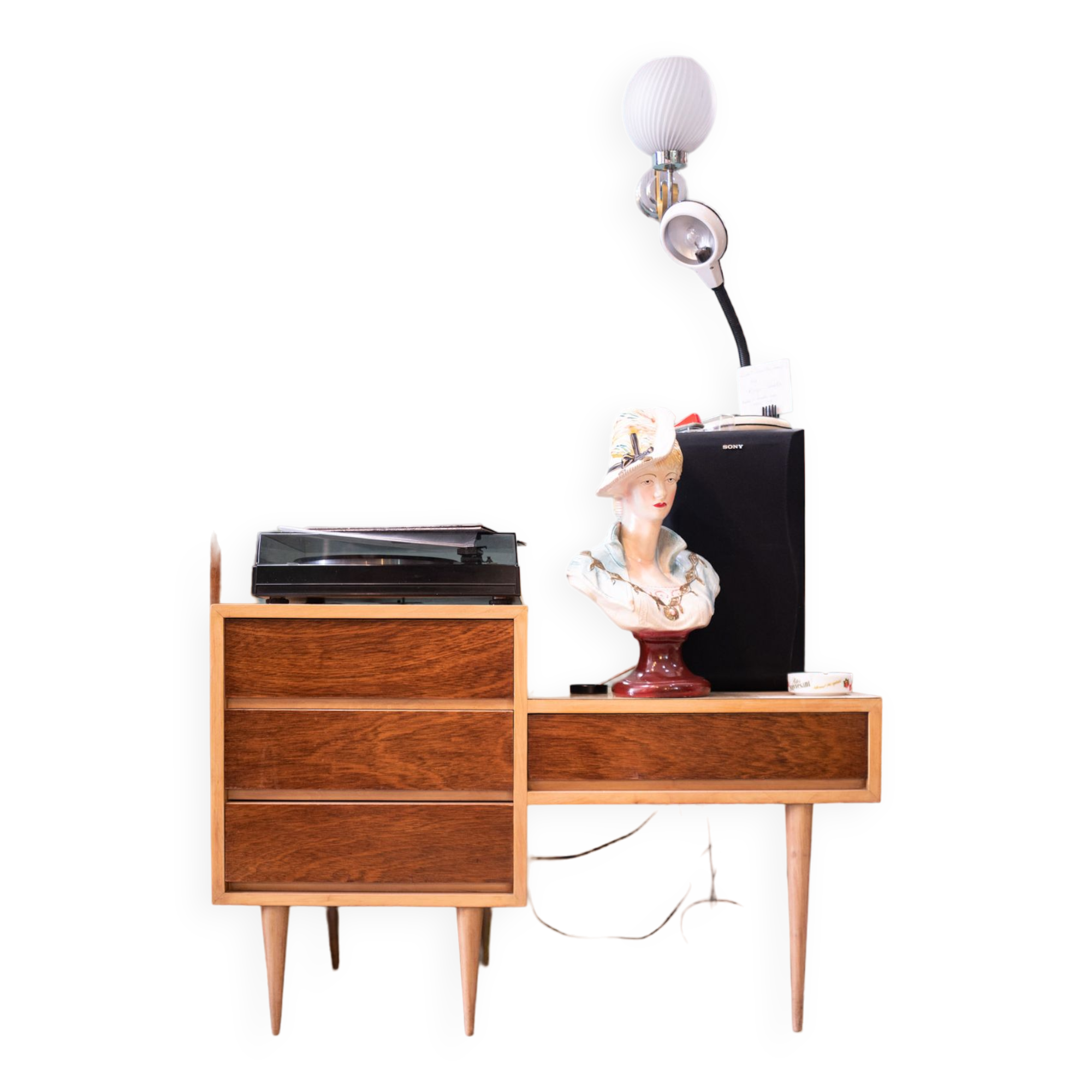 Portuguese mid-century credenza circa 1966. Tola wood with melamine and exotic wood veneer