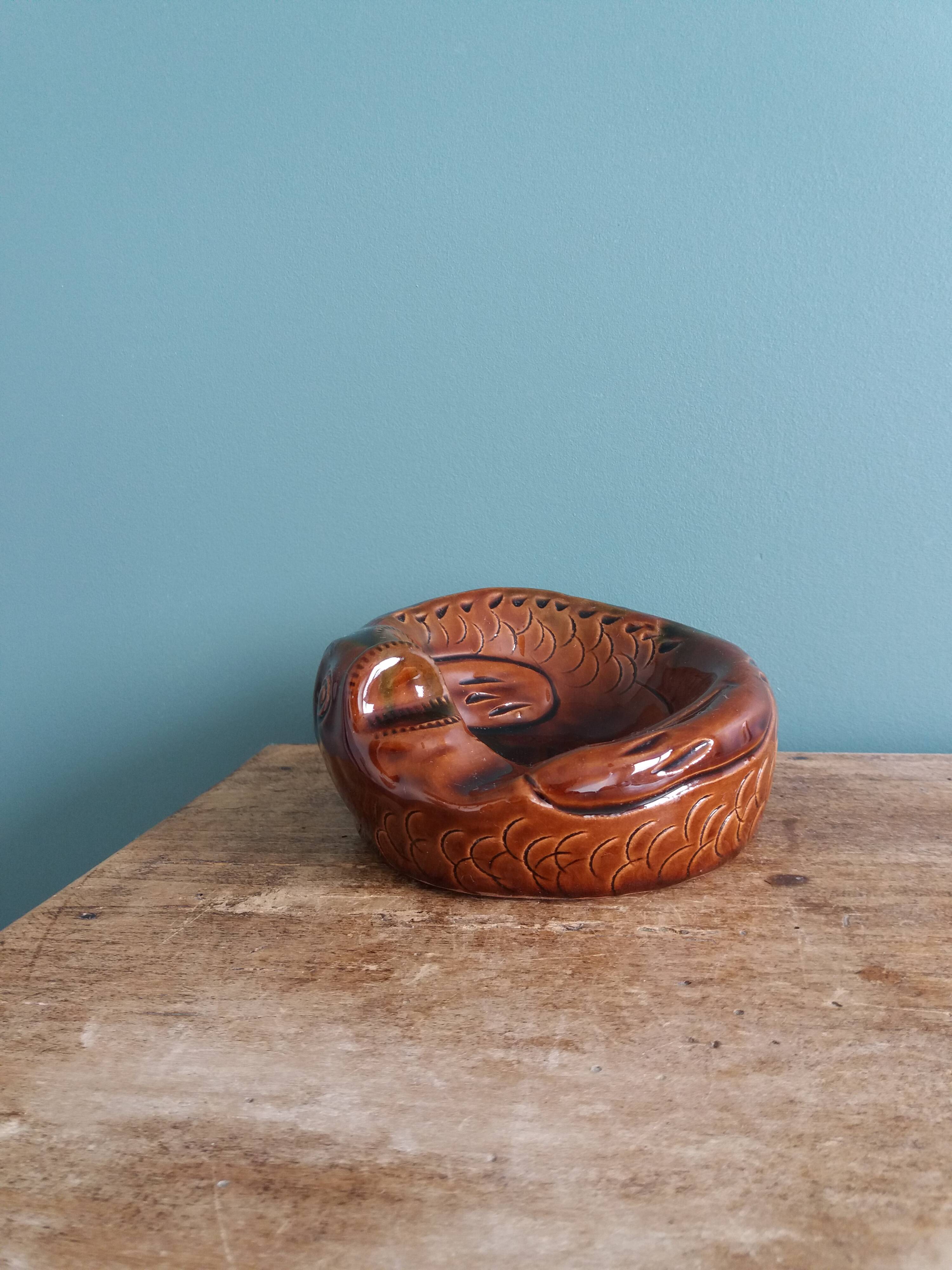 Zoomorphic fish ashtray in glazed terracotta