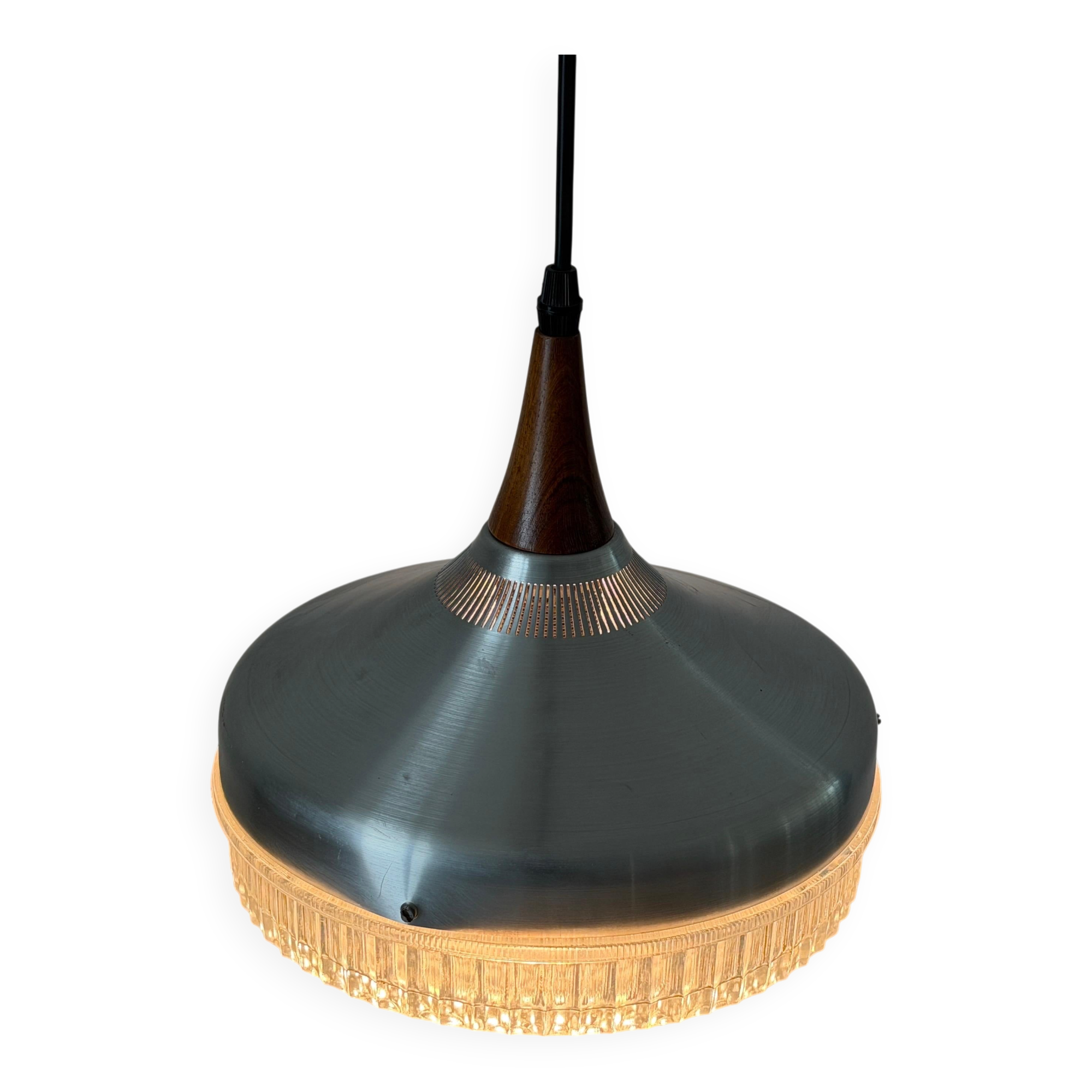 Crystal glass ceiling light with a metal frame and wood details, 1960s, Germany.