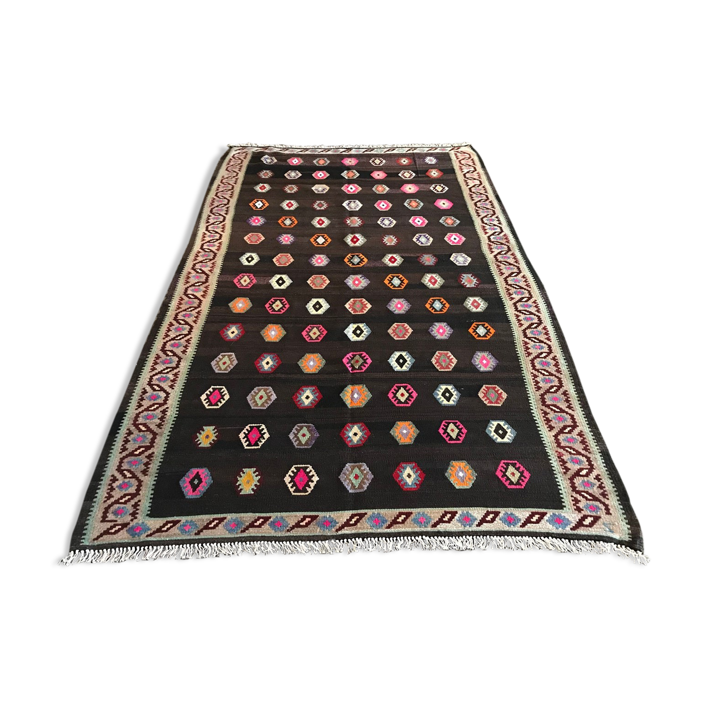 Old black anatolian oushak kilim rug with colorful patterns 305 X 173 cm