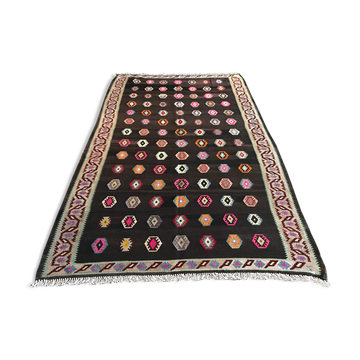Old black anatolian oushak kilim rug with colorful patterns 305 X 173 cm