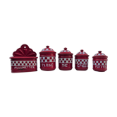 Set of red enamelled iron kitchen pots