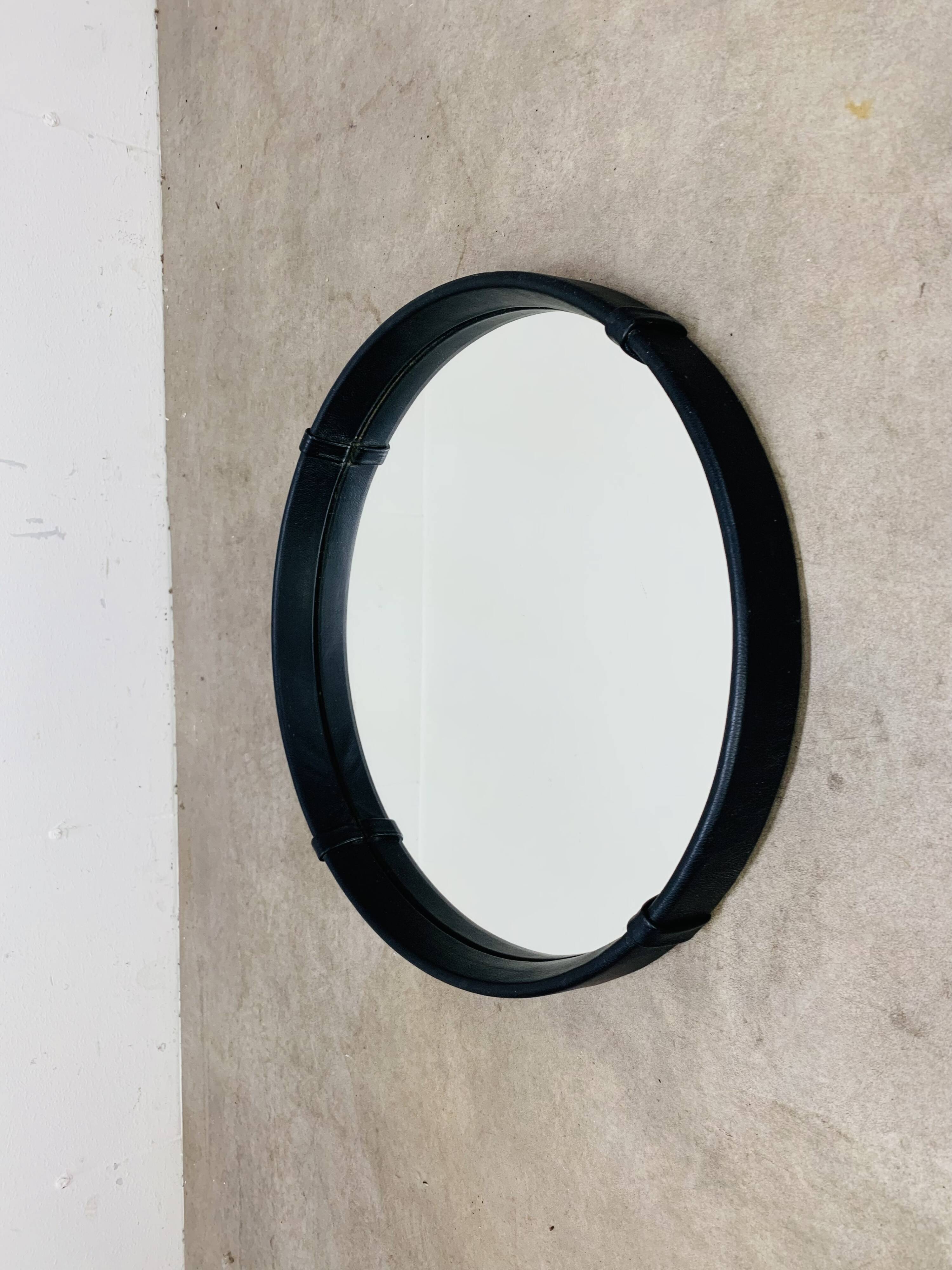 Black faux leather framed mirror, 1950s