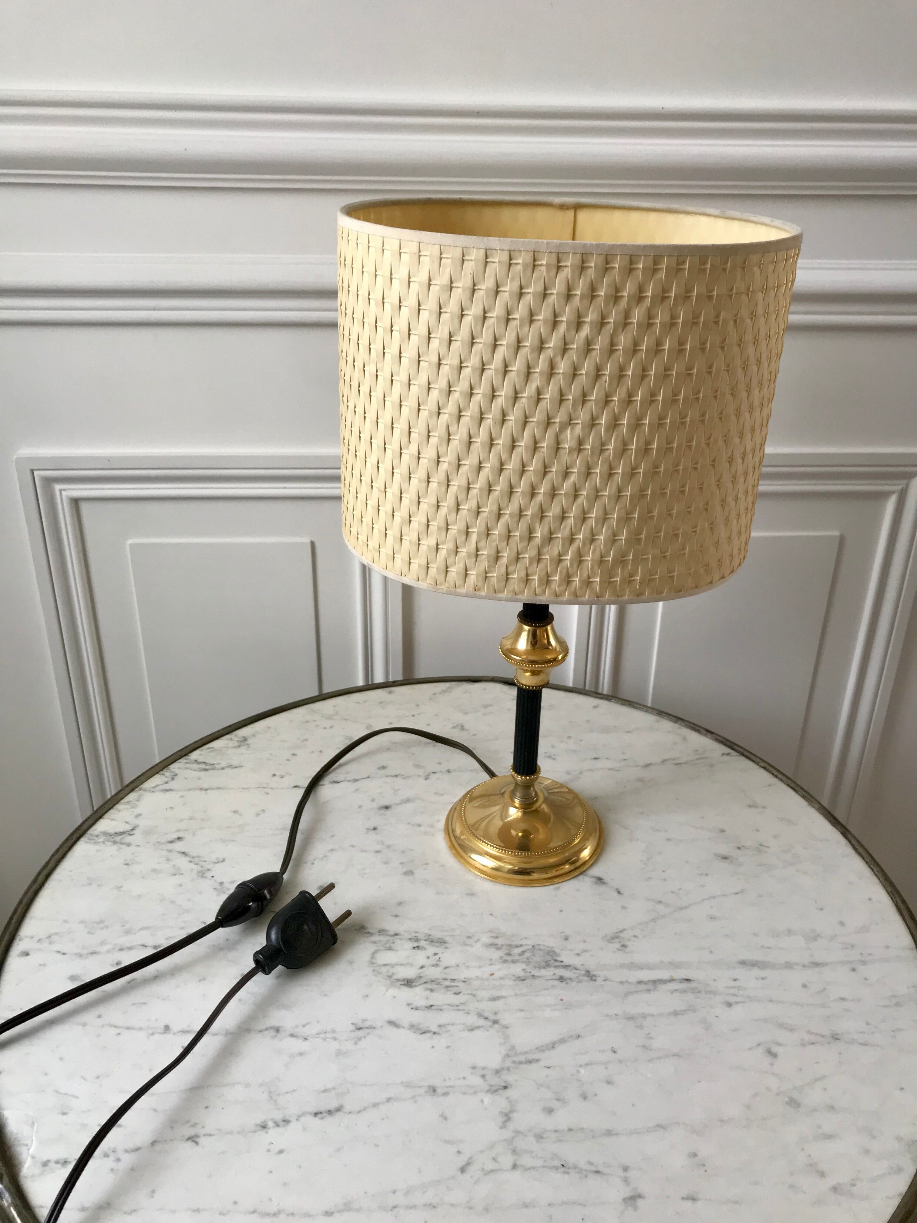 Brass and black metal lamp with woven lampshade woven 50s