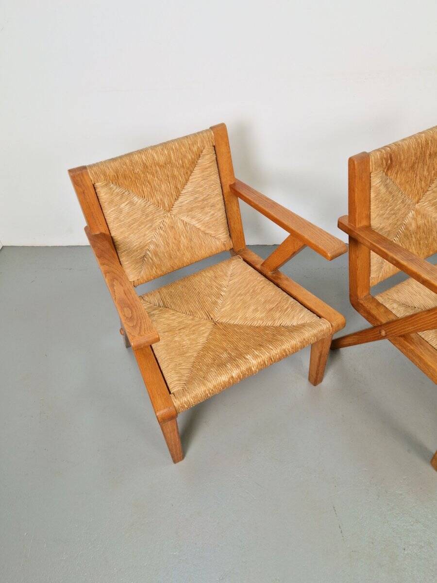 Chaises en bois brutalistes modernistes en paille, années 1940, ensemble de 3