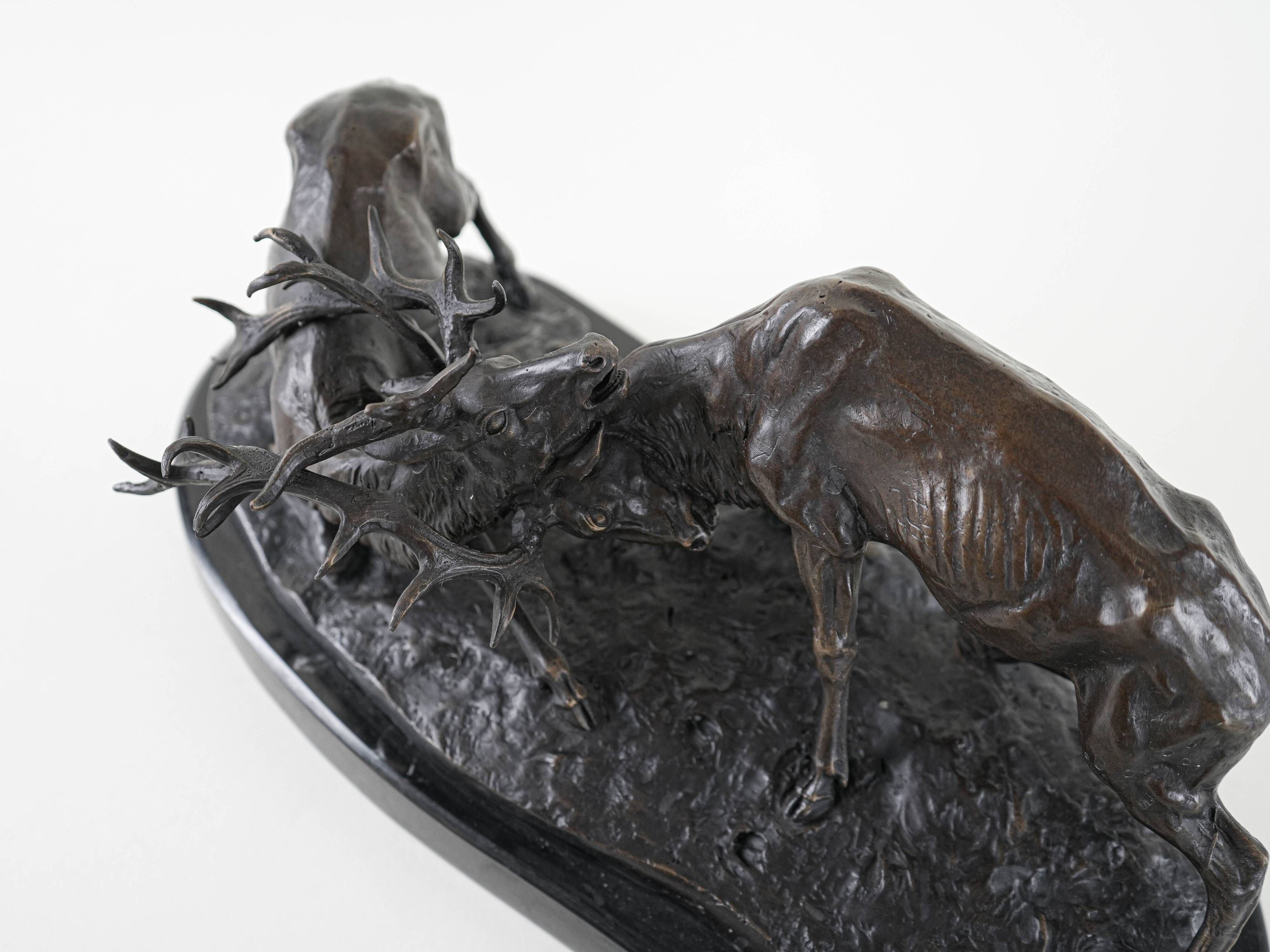 Fighting stags bronze sculpture by Pierre-Jules Mêne French animalier art