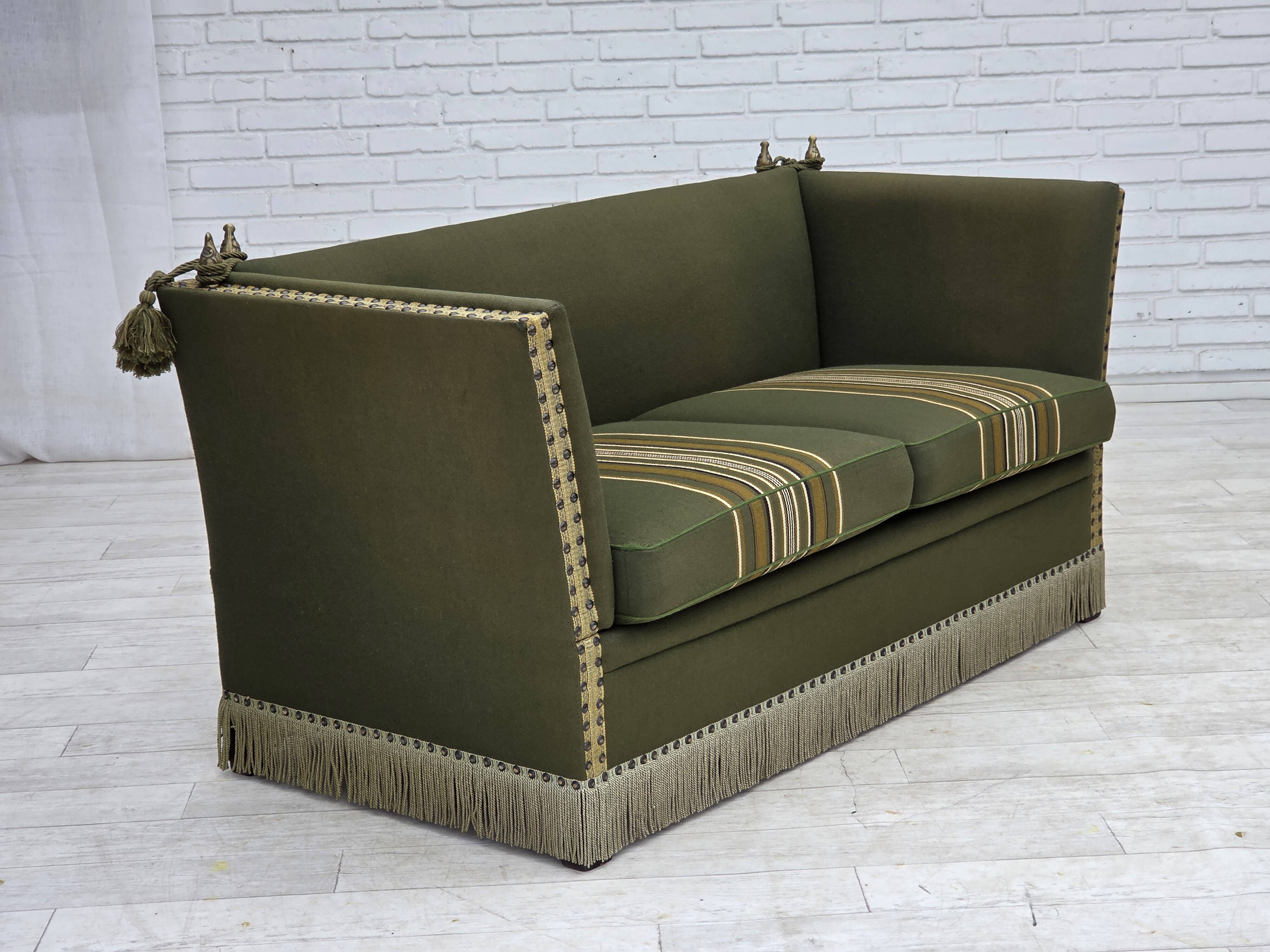 1970s, Danish 2-seater drop arm "Spanish" sofa, furniture wool.