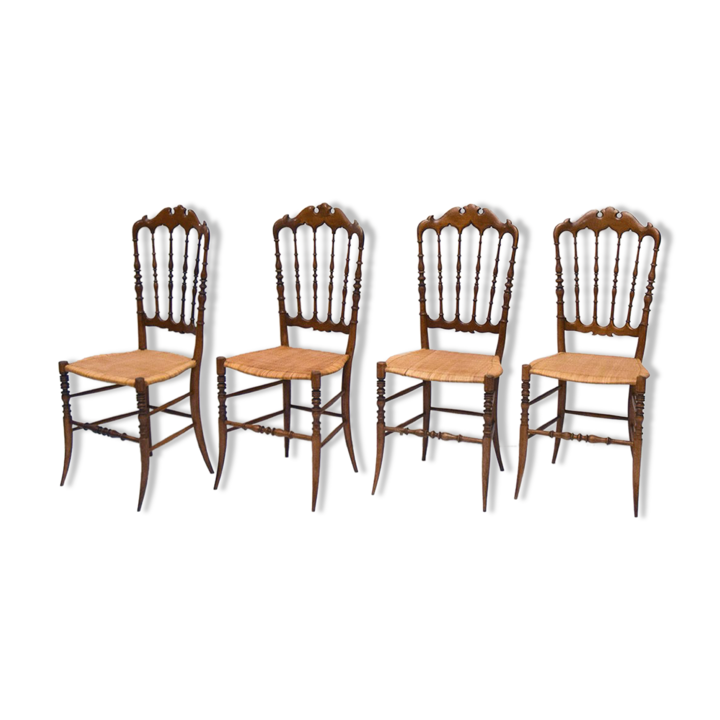 Chiavarina chairs in cherry wood with straw seat, early 20th century, Set of Four