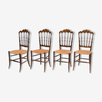 Chiavarina chairs in cherry wood with straw seat, early 20th century, Set of Four