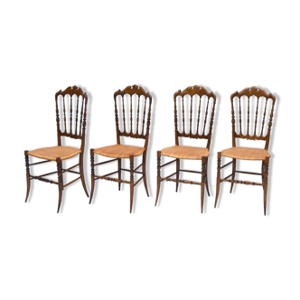 Chaises Chiavarina en bois de cerisier avec siège en paille, début du 20ème siècle, Set of Four