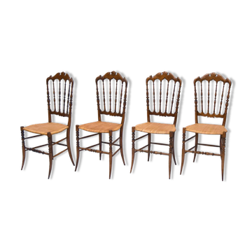 Chiavarina chairs in cherry wood with straw seat, early 20th century, Set of Four