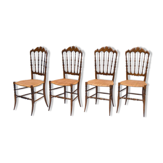 Chiavarina chairs in cherry wood with straw seat, early 20th century, Set of Four