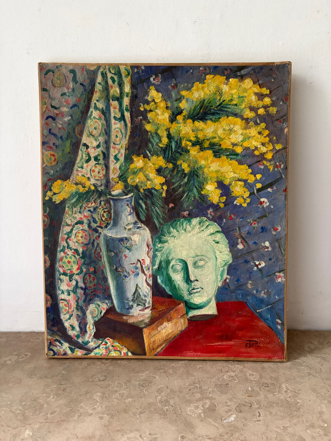 Still life with vase, bust and forsythia, oil on canvas signed