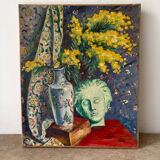 Still life with vase, bust and forsythia, oil on canvas signed