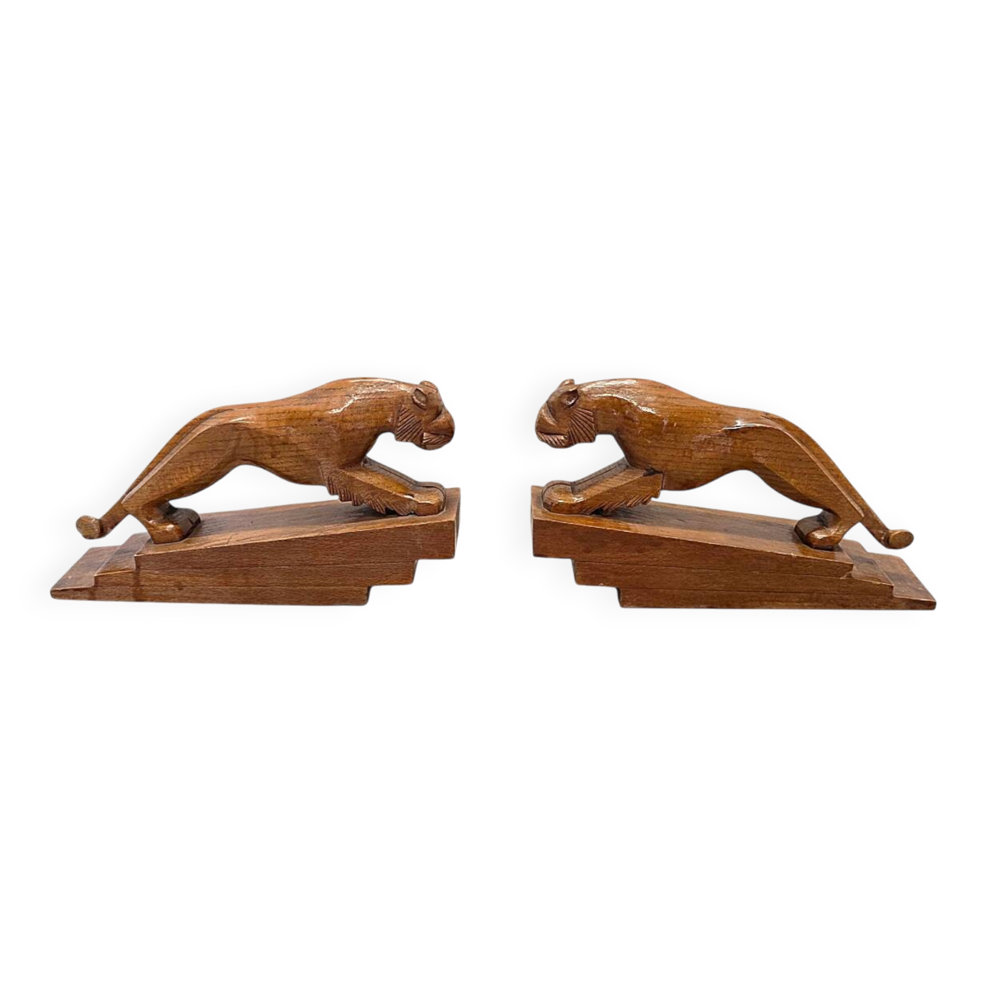 Art Deco Wooden Bookends With Tigers, 1920/30s