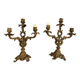 Pair of 3-branch candlesticks. Bronze