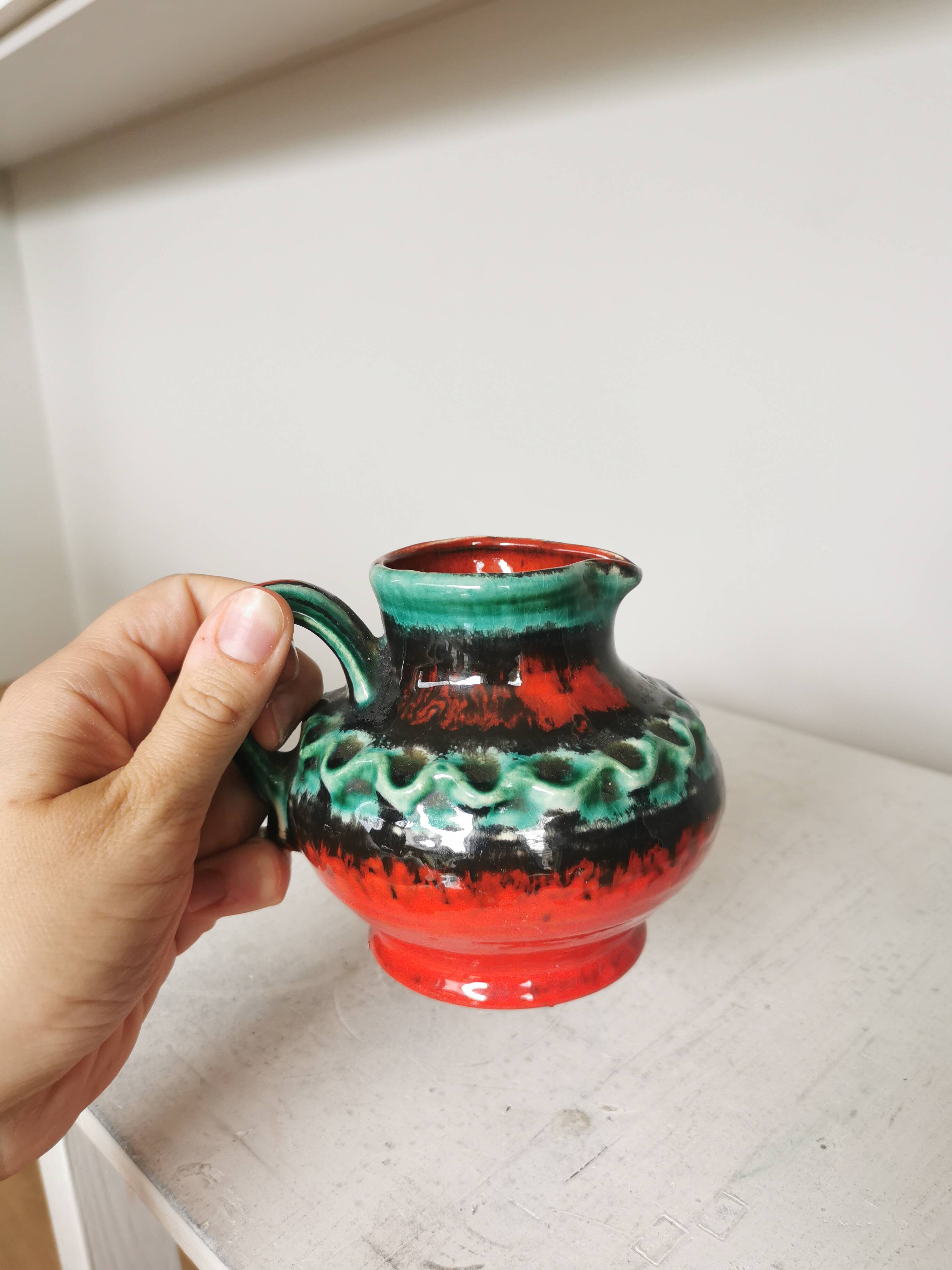Fat Lava Pitcher Vase: Red Black Green Glaze, West German Pottery