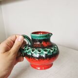 Fat Lava Pitcher Vase: Red Black Green Glaze, West German Pottery