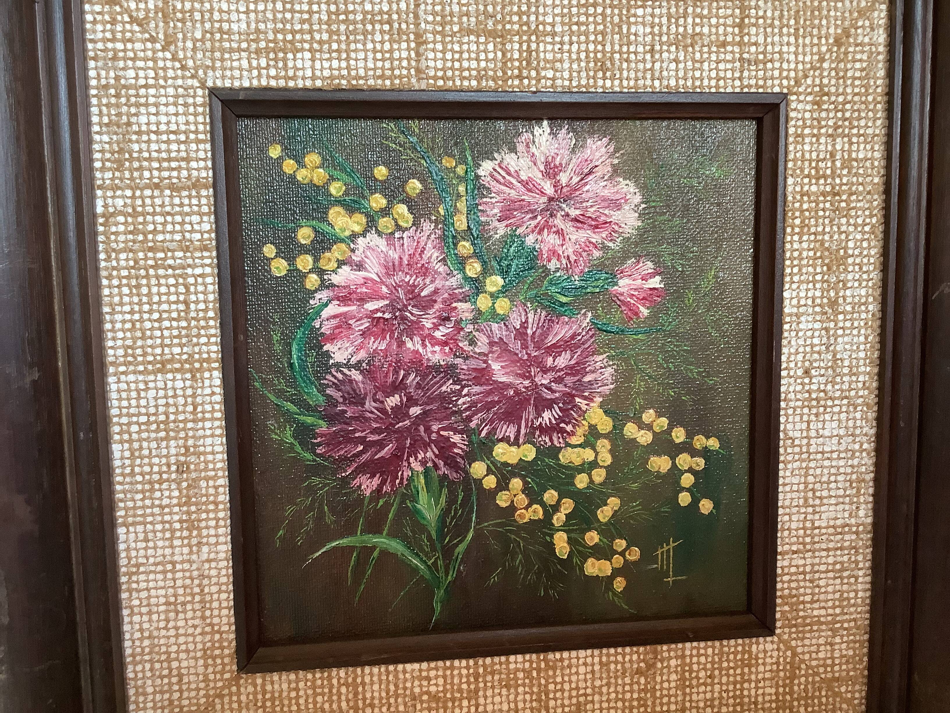 Tableau bouquet de fleurs huile sur carton signée