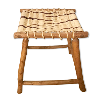 Brutalist wooden and wicker tabouret