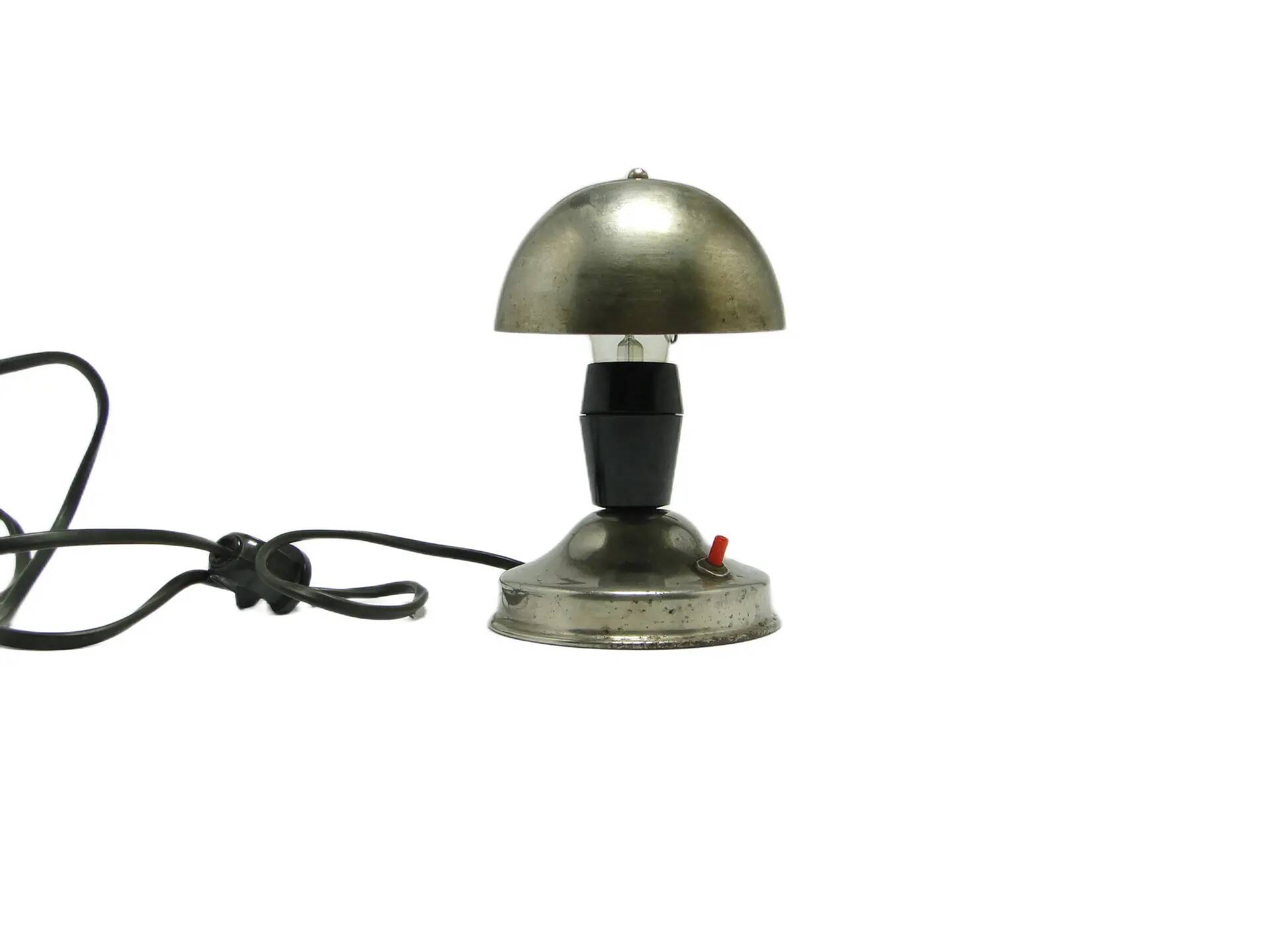 Mushroom table lamp, silver metal, black bakelite, Poland, 1950s