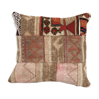 Square faded turkish patchwork rug pillow, turkish wool kilim pillow cover, unique nomadic pillow