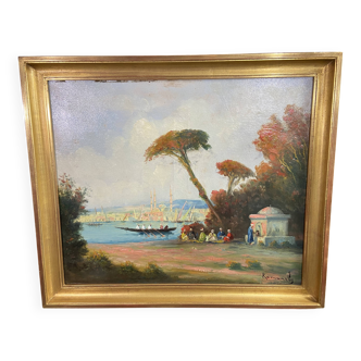 Orientalist painting oil on canvas turcerie view of Istanbul Ottoman Empire