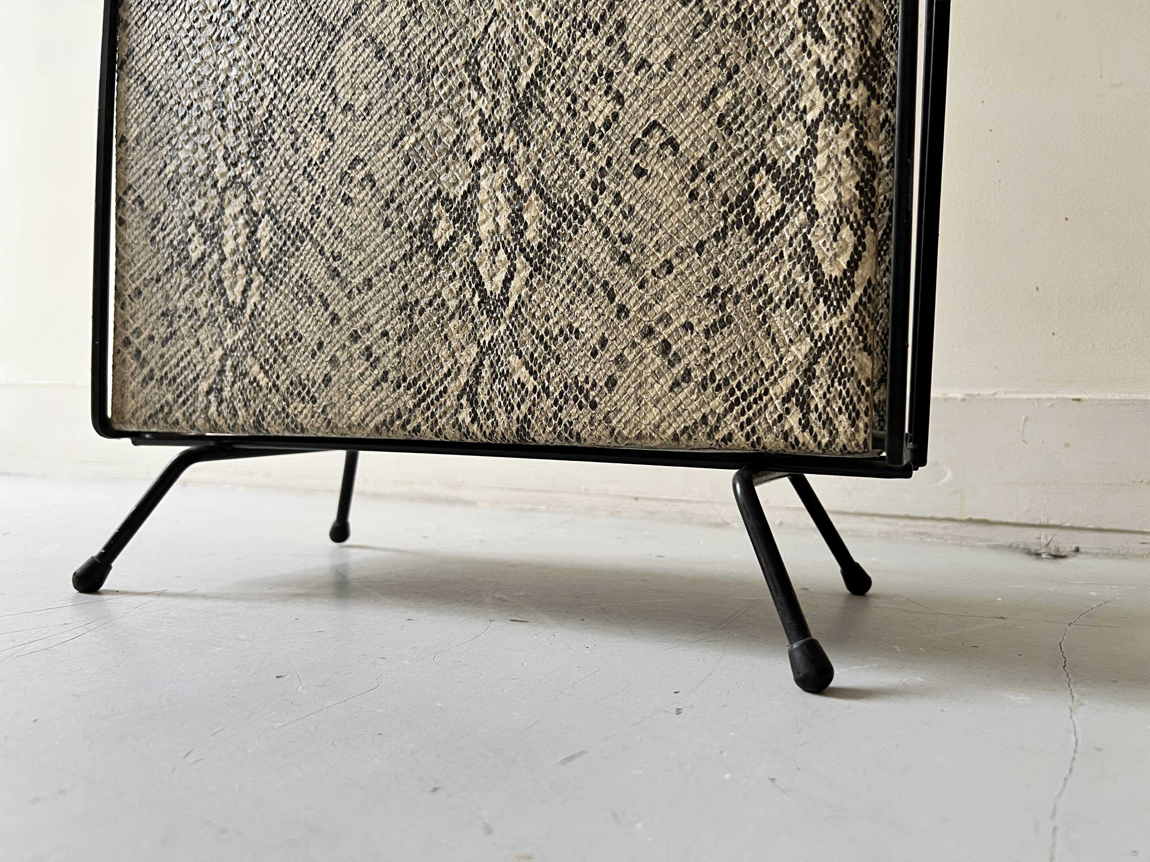 1970s design magazine rack in metal and python leather