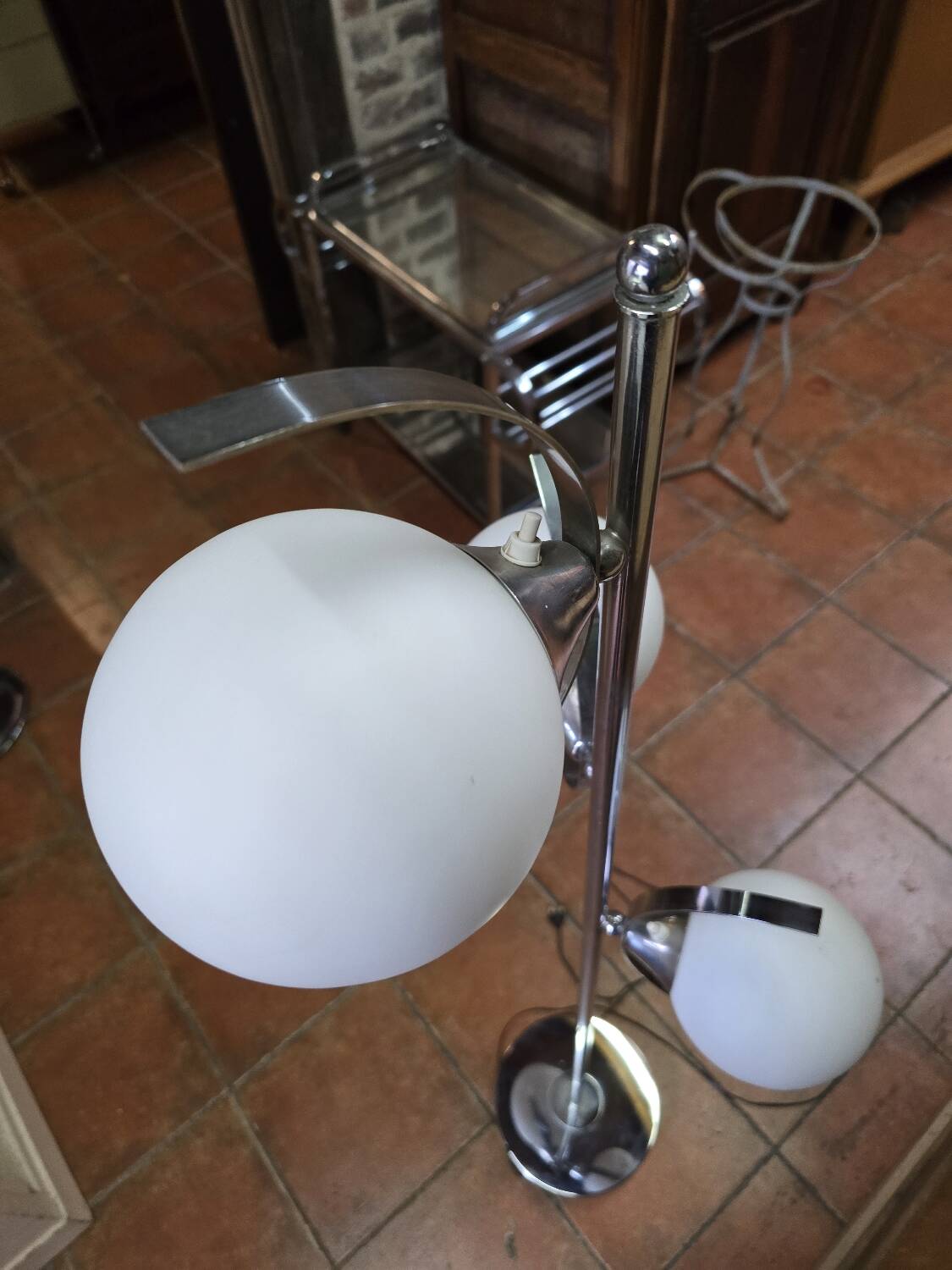 70s chrome metal floor lamp with 3 opaline ball lights