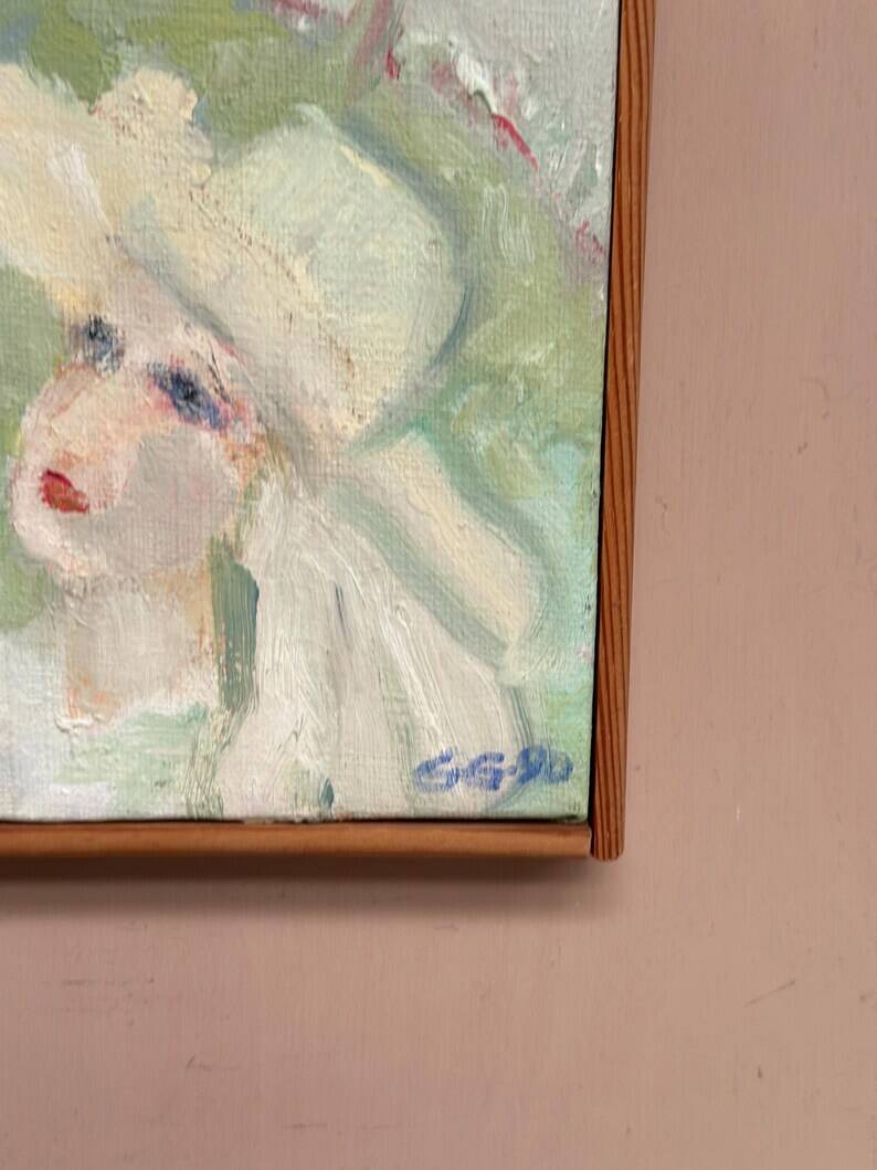 Original Swedish Oil on Canvas – "Woman with Dove" by G.G., 1990 – vintage and framed – 35.5 × 16 cm (13.9" × 6.2")