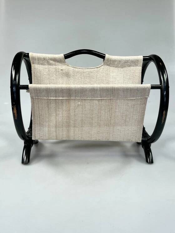 Vintage Round Magazine Rack / Reading Basket, Black Rattan, 1970's