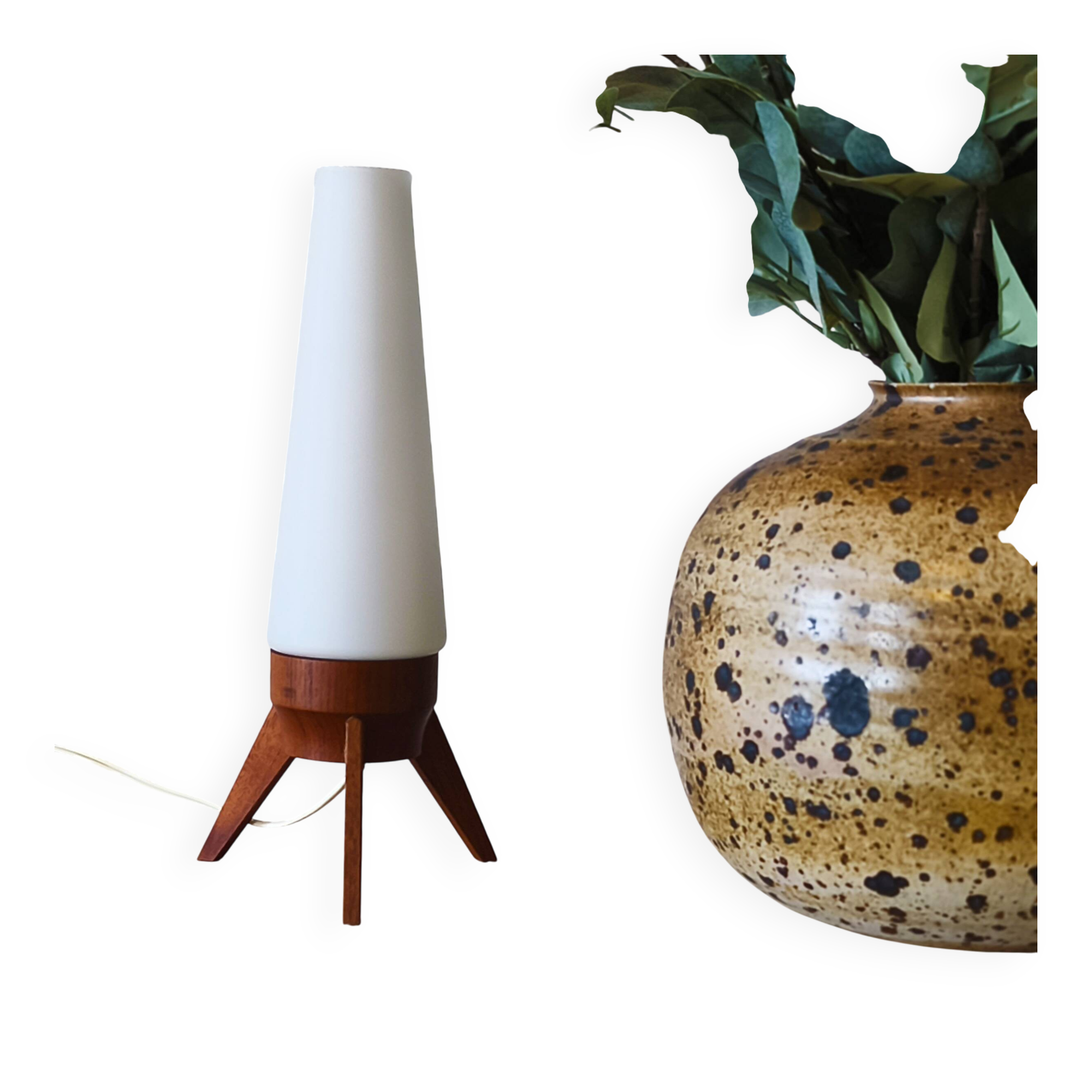 Rocket lamp, teak and opaline, 1950s