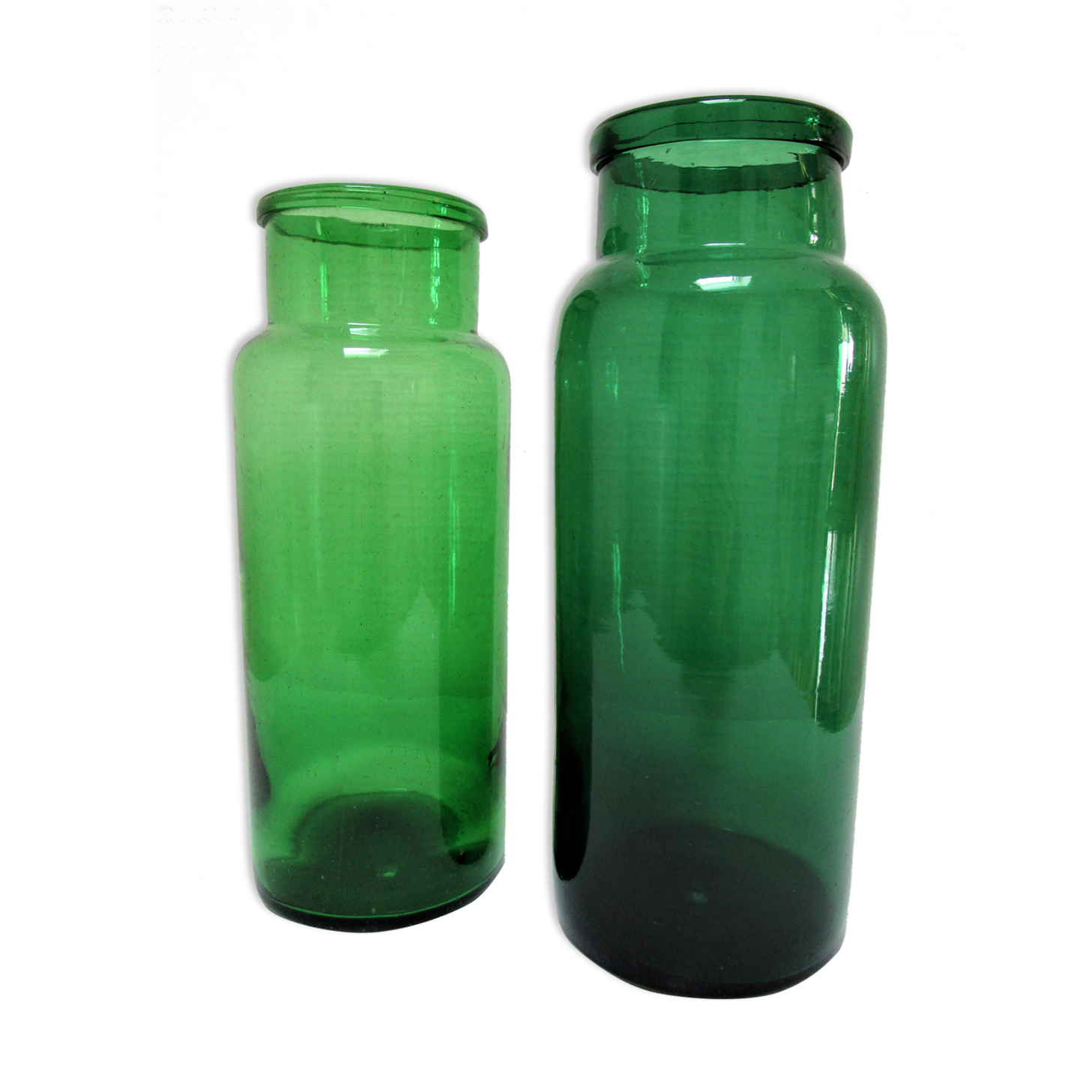 Two old green blown glass jars early 20th century