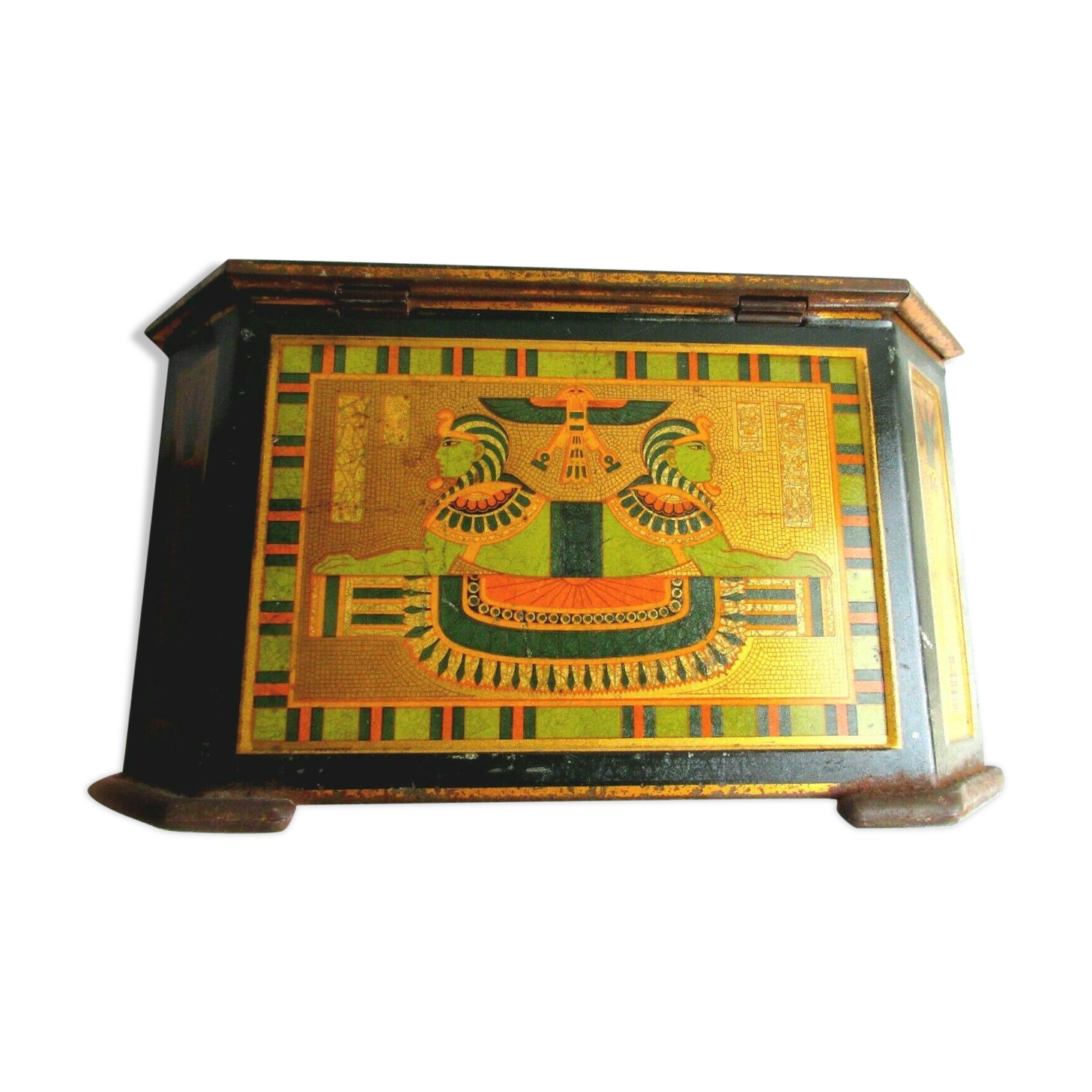 Octagonal sewing box with mirror, lithographed sheet: antique scene, 1900