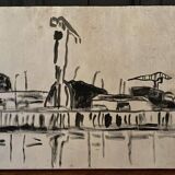 Drawing on panel representing the port of Nantes mid-20th century