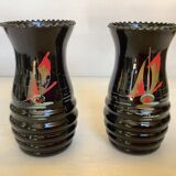 Pair of small painted black opaline vases