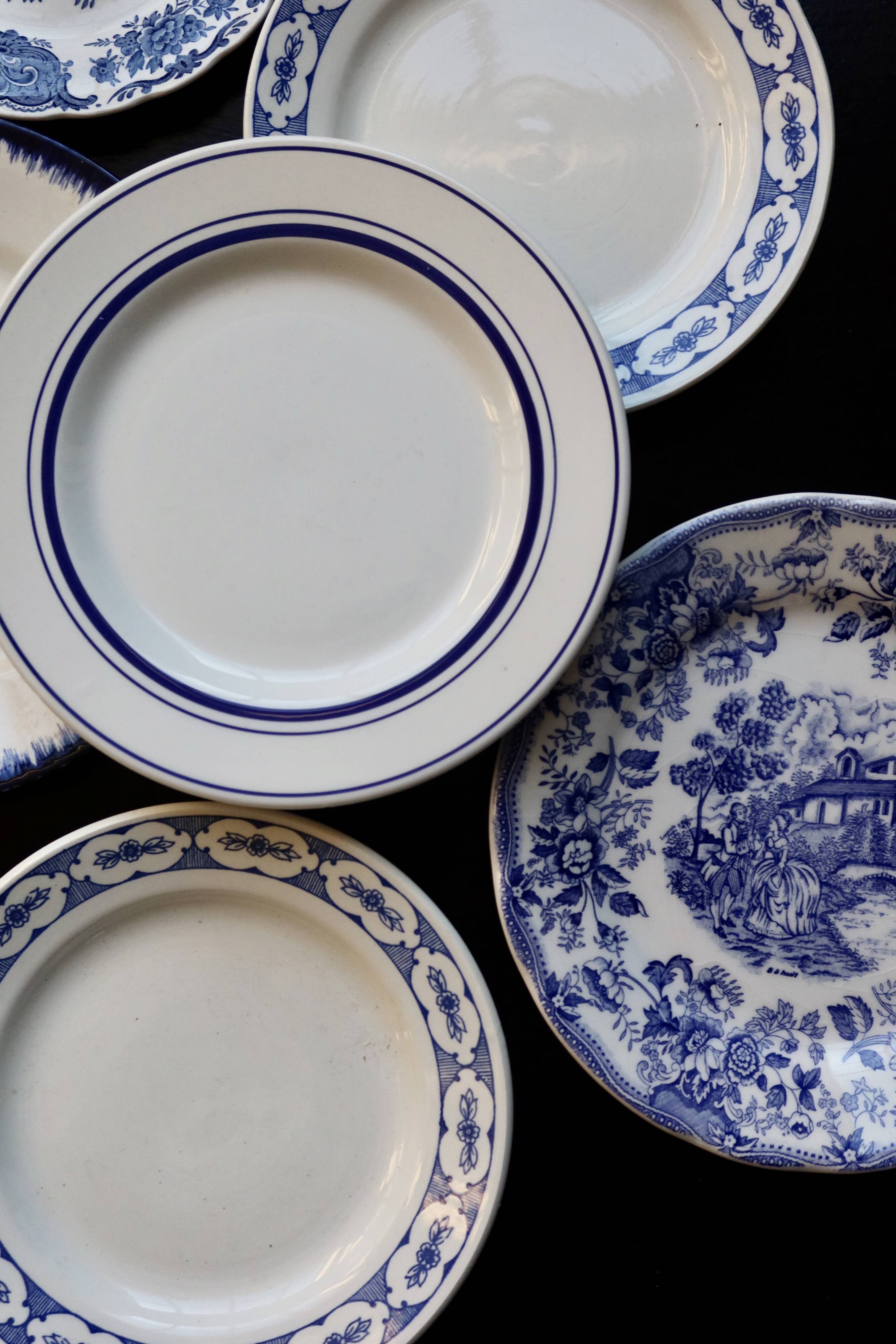 6 vintage mismatched blue and white porcelain dessert plates