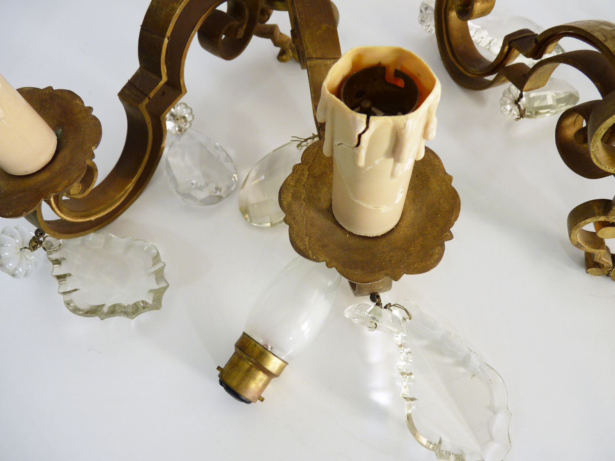 Former pair bronze wall sconces with double lights and tassels. Art Deco period