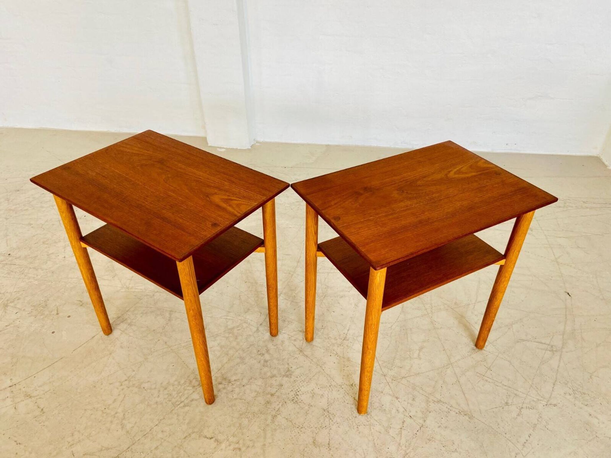 Vintage Danish mid-century teak and oak bedside tables by Næstved Møbelfabrik