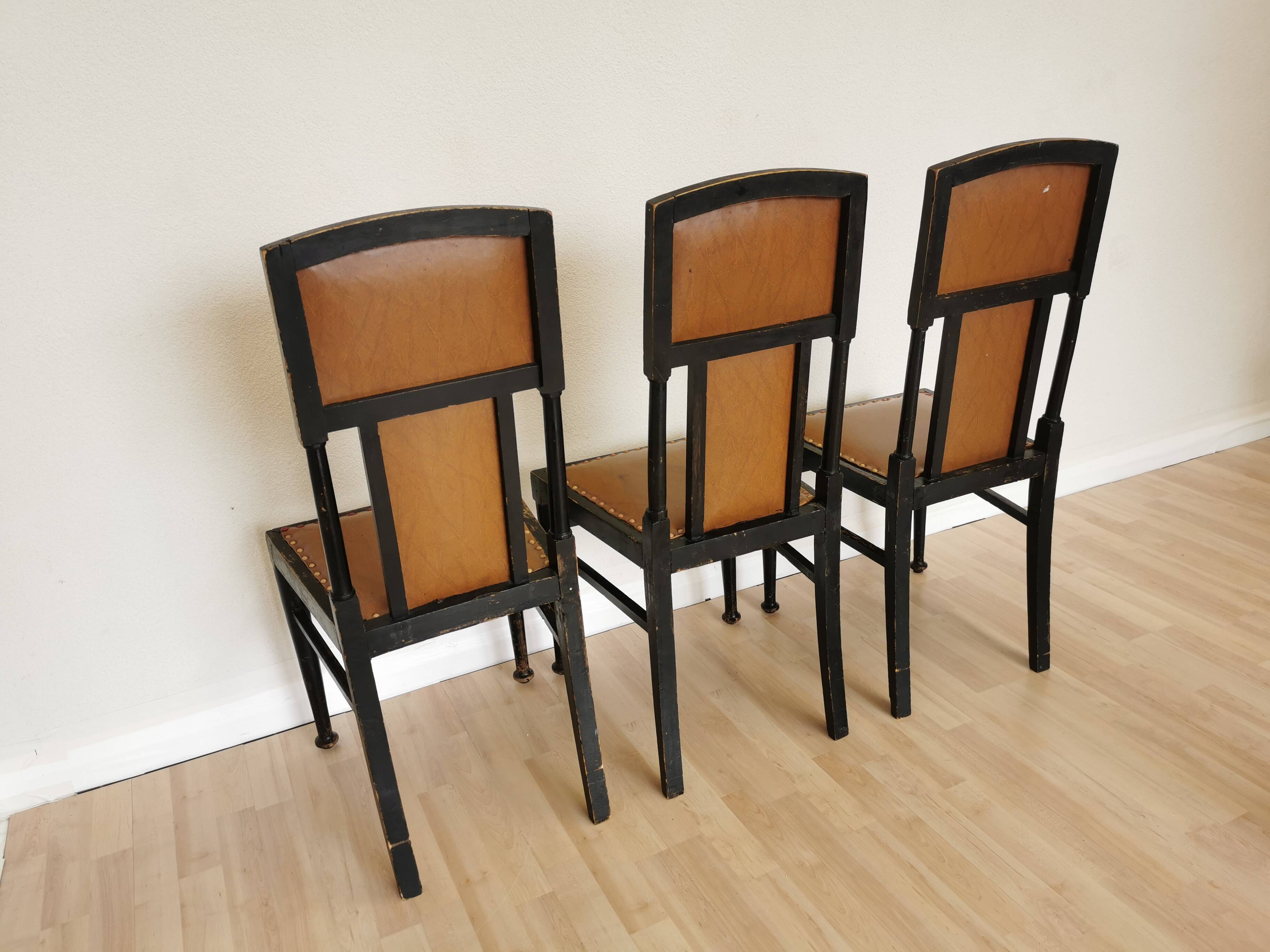 Set of 3 Vintage Dining Chairs: High Back, Leather Seat, Nailhead Trim