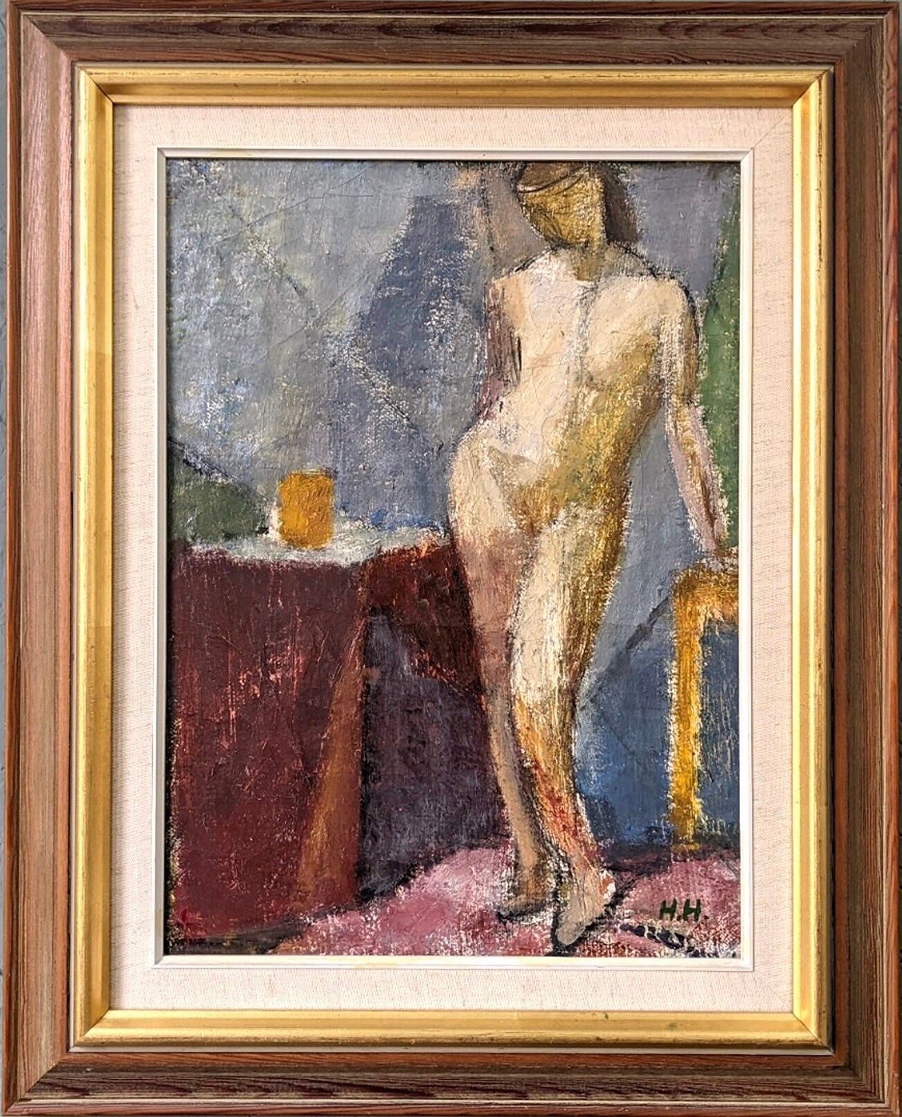 1945 Mid-Century Modern "Leaning Model" Swedish Vintage Figurative Portrait Oil Painting, Framed