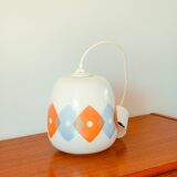 Suspension in white opaline with orange and blue geometric patterns Design 1970
