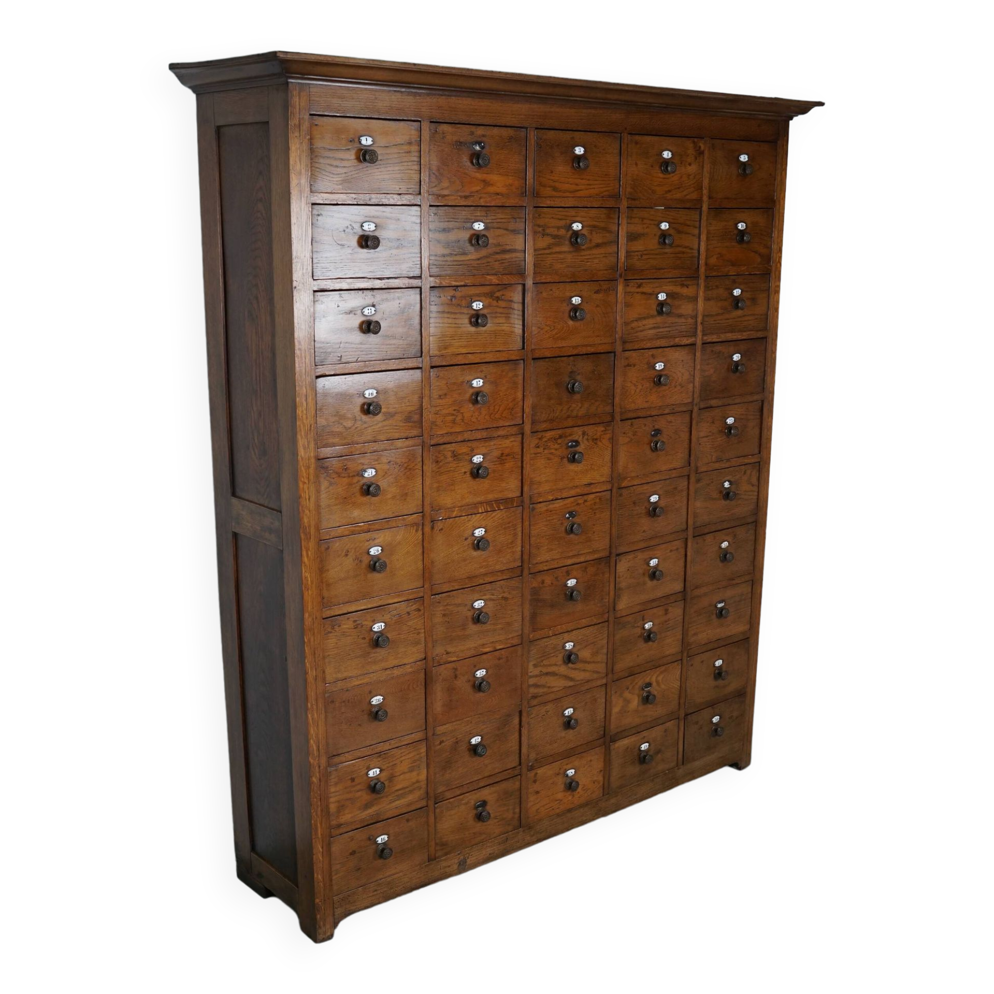 Large dutch oak apothecary cabinet / barber cabinet with enamel shields, 1900s